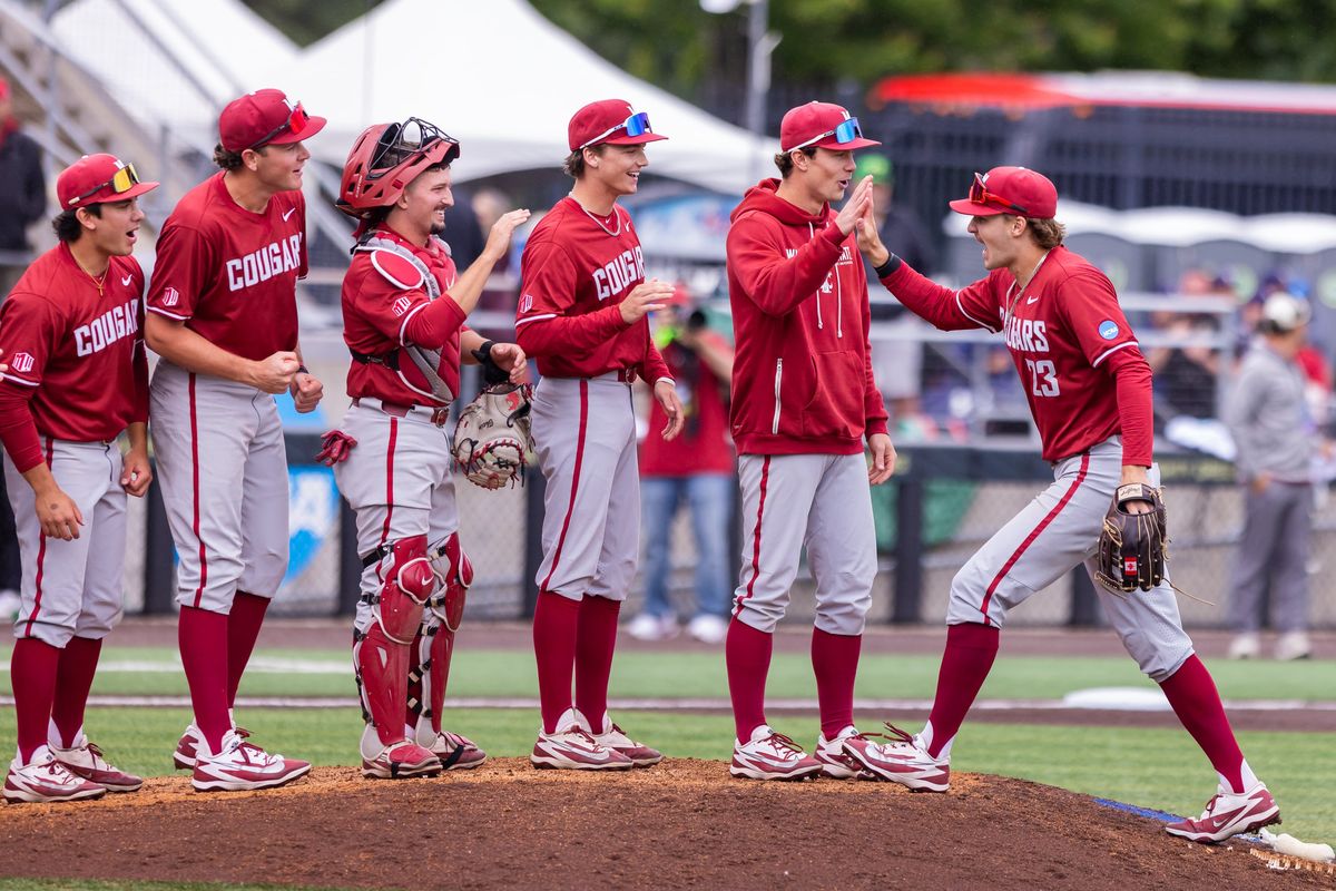 Washington State players celebrate as the Cougars defeat the Oregon State Beavers, 3-2, in Game 1 of the Eugene Regional during the 2026 NCAA baseball postseason on Friday, May 29, 2026.  (Tribune News Service)