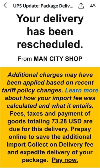 UPS sent this notice of tariff-related charges ahead of delivery of items purchased online by a Detroit News staff member.  (Tribune News Service )