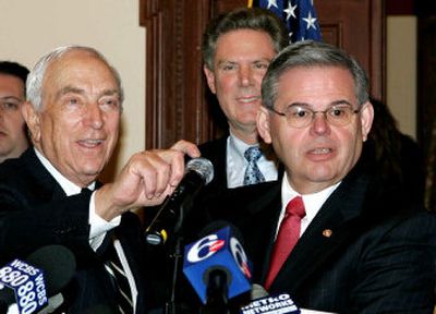 
Sen. Frank R. Lautenberg, left, stands with Rep. Frank Pallone Jr. and Sen. Robert Menendez, right, as they talk about the new Medicare prescription drug plan Tuesday at the statehouse in Trenton, N.J.  
 (Associated Press / The Spokesman-Review)