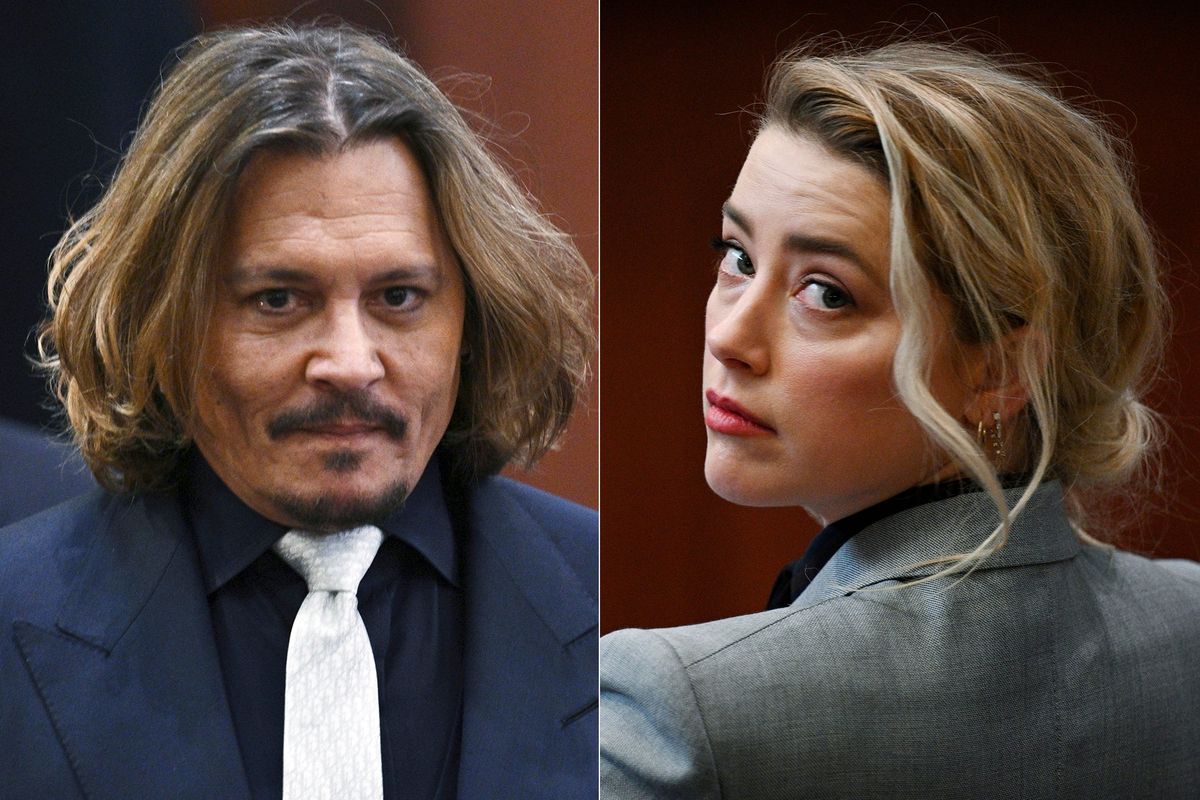 Johnny Depp, left, and Amber Heard are seen in this combination of photos from inside the courtroom.  (Brendan Smialowski)