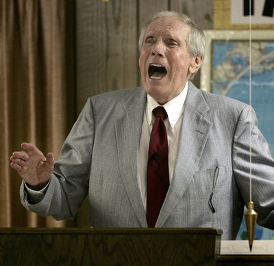 The Rev. Fred Phelps Sr. preaches at his Westboro Baptist Church in Topeka, Kan., on March 19, 2006. (Associated Press)