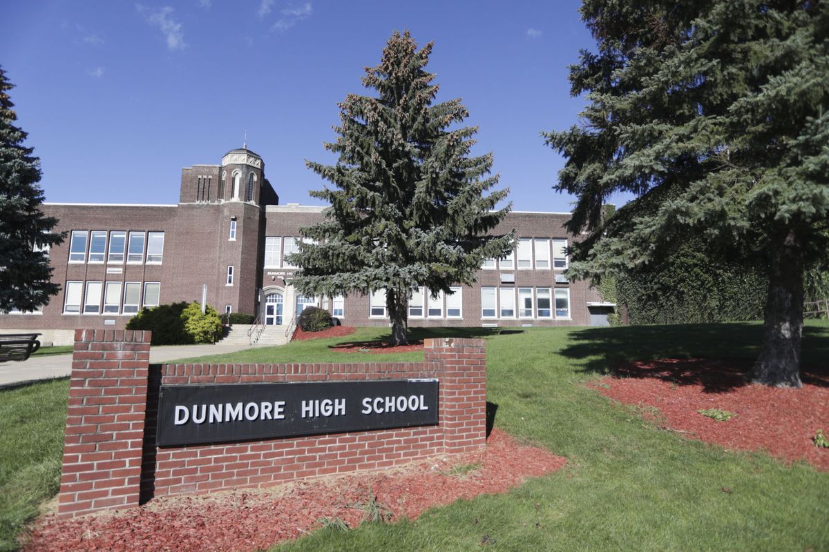This Sept. 2021 photo shows Dunmore High School in Dunmore, Pa. Four teenagers have been charged with a plot to attack a Pennsylvania high school in 2024, on the 25th anniversary of the massacre at Colorado's Columbine High School, authorities said, Friday, Sept. 24, 2021. A 15-year-old girl and 15-year-old boy are charged as adults and two other teenagers face juvenile charges in the plan to attack Dunmore High School, outside Scranton, on April 20, 2024, authorities said.  (Jake Danna Stevens)