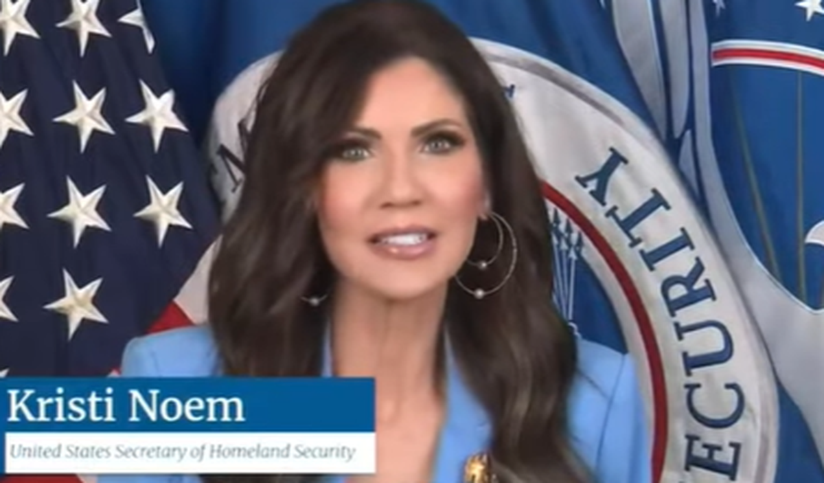DHS Secretary Kristi Noem is shown in a video displayed at some airports blaming Democrats for the government shutdown. The video is not allowed to be shown at the Spokane Airport because it violates the airport’s policies.  (Department of Homeland Security)