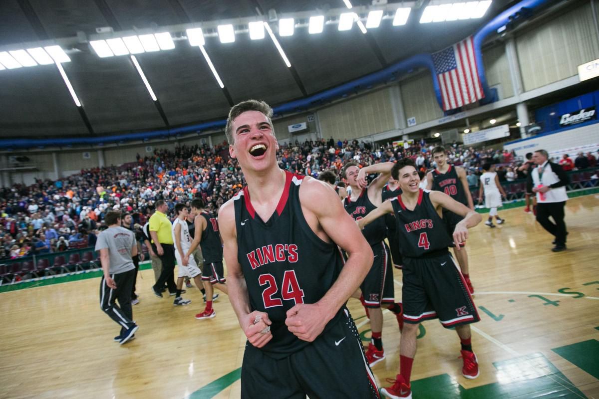 Corey Kispert celebrates after King’s High School defeated Zillah in State 1A tournament on March 3, 2016, in Yakima.  (Mason Trinca/Yakima Herald-Republic)