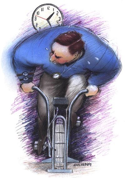 Size as needed (160 dpi, 20p x 28p) Lee Hulteng color illustration of man riding exercise bicycle. Grand Forks Herald 1997 CATEGORY: ILLUSTRATION SUBJECT: Aerobic cycling illus ARTIST: Lee Hulteng ORIGIN: Grand Forks Herald TYPE: EPS JPEG SIZE: As needed ENTERED: 1/22/97 REVISED: STORY SLUG: Stand-alone illustration, feature, features, health, medicine, exercise, body, human, heart, bicycle, aerobic, cycling, GF, 1997, hulteng (Tribune News Service illustration / Tribune News Service illustration)
