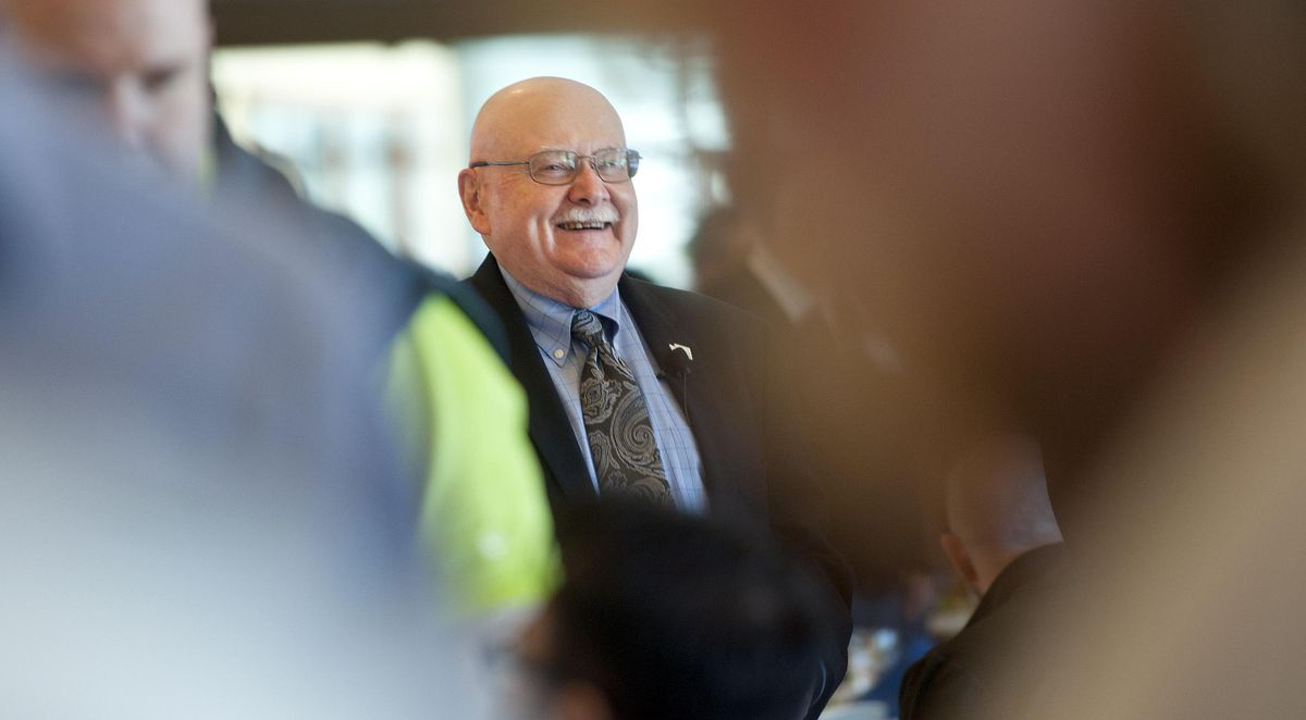 Spokane Valley Mayor Rod Higgins makes his way through the crowd before delivering the annual “State of the City” address at CenterPlace Regional Event Center on Friday, March 22, 2019. (Kathy Plonka / The Spokesman-Review)