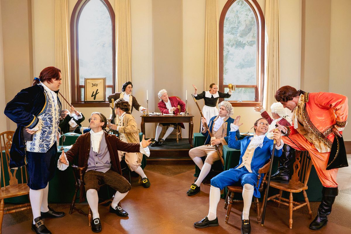 The Honey Pearl Productions cast of "1776," which runs through July 6 at the Panida Theater.  (Courtesy of Hailey Weber)