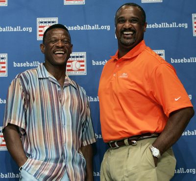 Rickey Henderson, left, and Jim Rice all smiles this weekend.  (Associated Press / The Spokesman-Review)