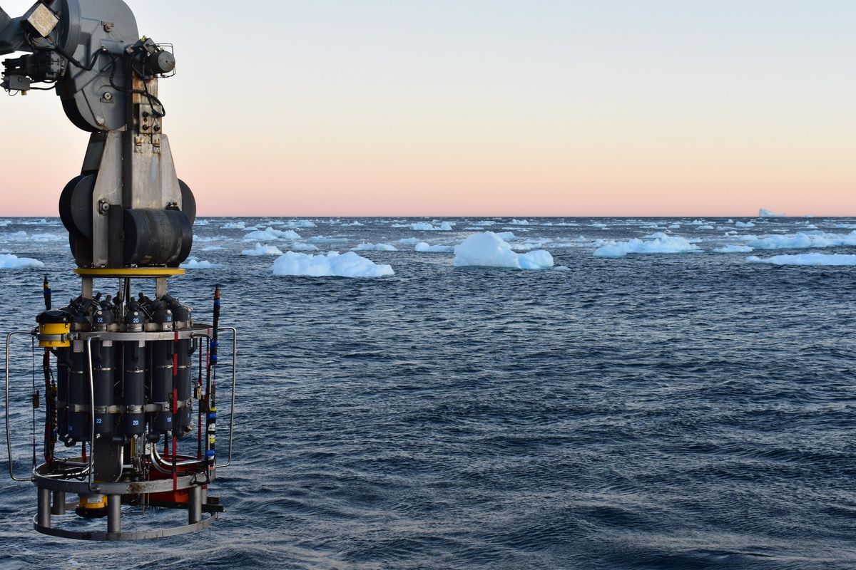 In this September 2018 photo provided by researcher Isabela Le Bras, a probe which collects water samples and measures temperature, salinity and pressure is prepared for deployment on the continental shelf of Greenland. Scientists were studying the Atlantic Meridional Overturning Circulation, a circulation of warm and cold waters that stretches from around Greenland south to beyond the tip of Africa and into the Indian Ocean. (Isabela Le Bras / Associated Press)