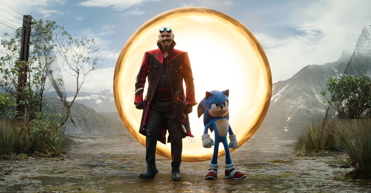 Jim Carrey as Ivo Robotnik and Sonic (voiced by Ben Schwartz) in "Sonic the Hedgehog 3."  (Paramount Pictures and Sega of America, Inc.)