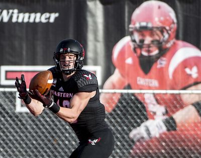 Cooper Kupp hauls in this pass from Vernon Adams for the first of two touchdowns for Eastern’s sophomore receiver. (Colin Mulvany)