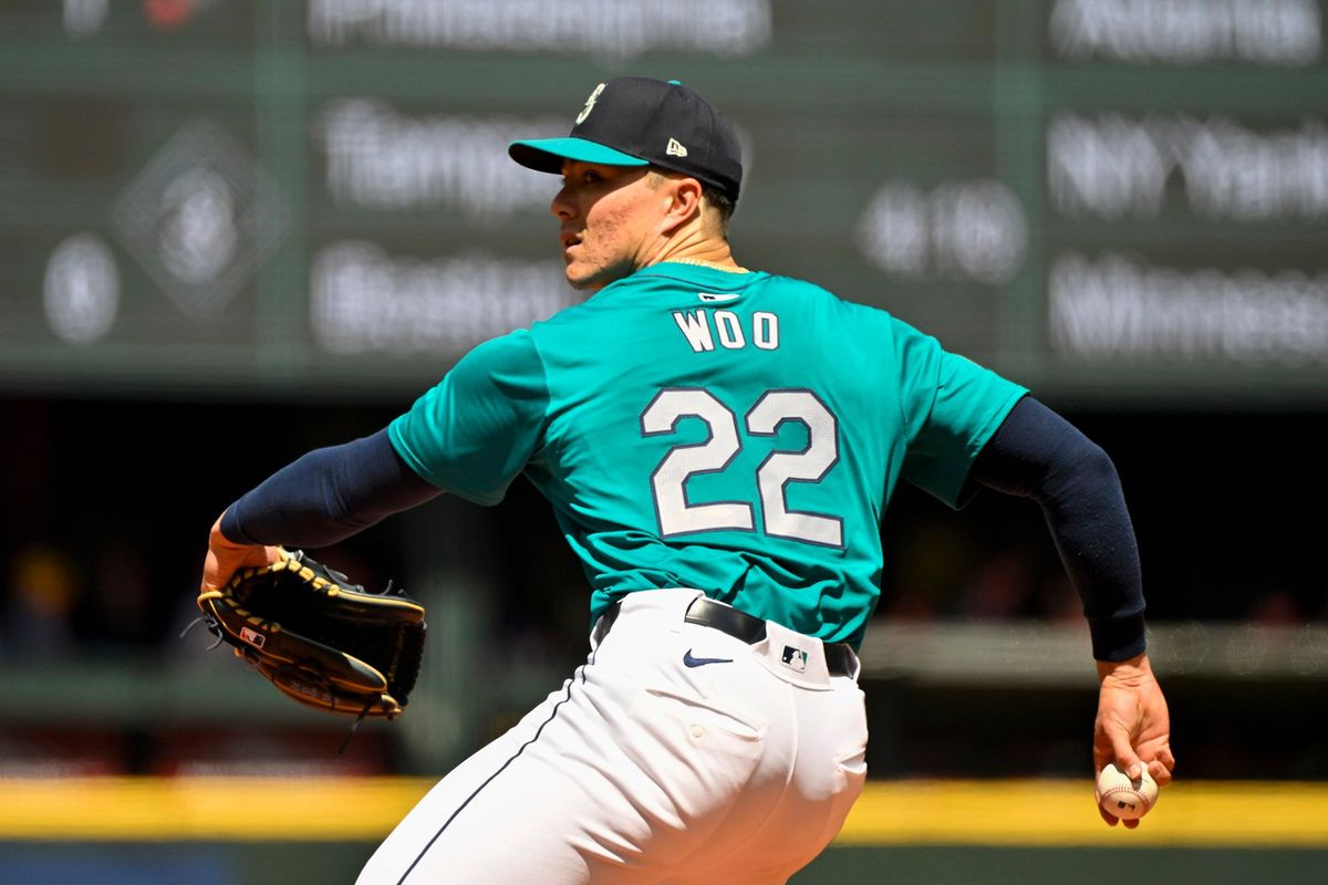 Seattle Mariners’ starter Bryan Woo throws a pitch during against the Kansas City Royals at T-Mobile Park on May 15 in Seattle.  (Getty Images)
