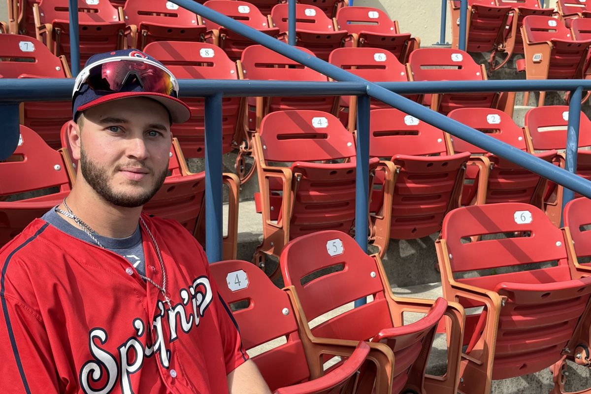 Spokane Indians first base Aidan Longwell poses for a photo after batting practice at Avista Stadium on June 19, 2025.  (Dave Nichols)