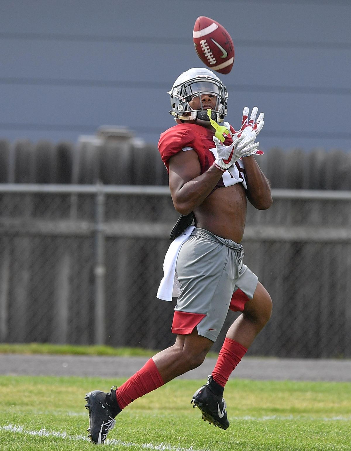 Washington State Cougars wide receiver Calvin Jackson Jr. (85) hauls in a pass during a practice on Wednesday, August 7, 2019, at Sacajawea Jr. High School in Lewiston, ID. (Tyler Tjomsland / The Spokesman-Review)