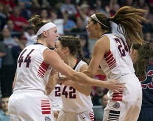 Gonzaga center Shelby Cheslek (44), Gonzaga guard Emma Stach (42) and Gonzaga guard Keani Albanez  celebrate a LMU turnover in the second half of the WCC tournament quarterfinal on Friday in Las Vegas (Colin Mulvany)