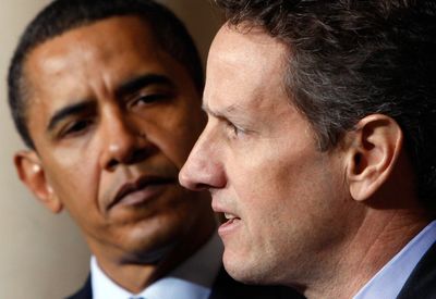 President Barack Obama listens as Treasury Secretary Timothy Geithner speaks about executive compensation Wednesday.  (Associated Press / The Spokesman-Review)