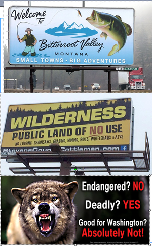 Outdoors-related billboards have a different flavor depending on the region. At top is a billboard along U.S. 93 south of Missoula, Montana. The two lower billboards have appeared along U.S. 395 in Stevens County, Washington. All three are controversial for one reason or another.