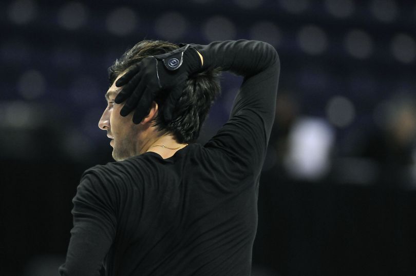 Evan Lysacek works on his program on the Spokane Veterans Arena ice during practice Thursday, Jan. 14, 2010, at the U.S Figure Skating Championships. (Dan Pelle / The Spokesman-Review)