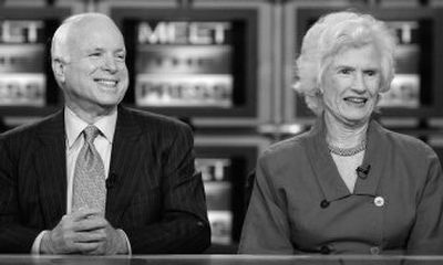 
Republican presidential hopeful Sen. John McCain, 70, and his mother, Roberta McCain, 95, speak with 