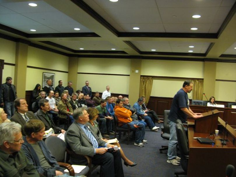 J.D. Day, a union pipe-fitter from Boise, testifies to the House State Affairs Committee on Tuesday at a hearing on two anti-union bills, SB 1006 and 1007, both of which already passed the Senate; Day said the bills would hurt Idaho wages and the committee was 