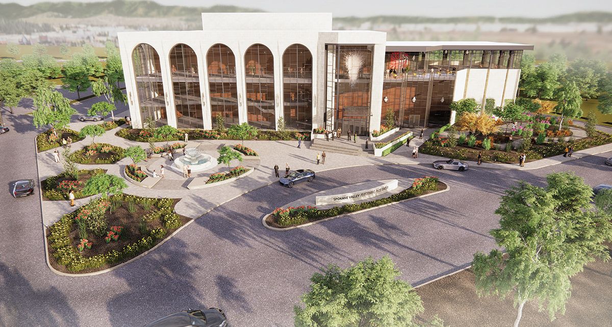 The $45 million Spokane Valley Performing Arts Center is shown in this artistic rendering. Construction officials sought building permits this month to begin work early next year.  (Courtesy image)