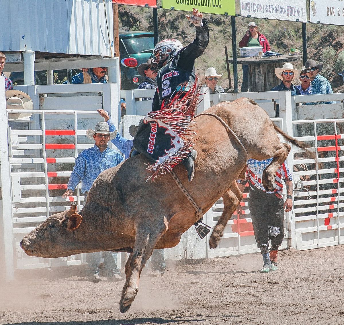 Shane Proctor competes in front of his hometown of Grand Coulee on Saturday, May 29, 2021.  (Jordan Tolley-Turner/The Spokesman-Review)