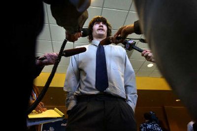 Adam Morrison answers questions on Wednesday after declaring himself eligible for the NBA draft at a press conference at the McCarthy Athletic Center at Gonzaga University.
 (Photos by Jed Conklin / The Spokesman-Review)
