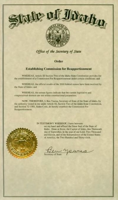 Order of the Idaho Secretary of State, establishing new redistricting commission