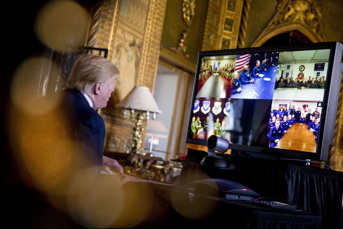 President Donald Trump speaks during a Christmas Eve video teleconference with members of the military at his Mar-a-Lago estate in Palm Beach, Fla., Tuesday, Dec. 24, 2019. A Las Vegas city councilwoman has been spending thousands on television ads in her quest to be Nevada
