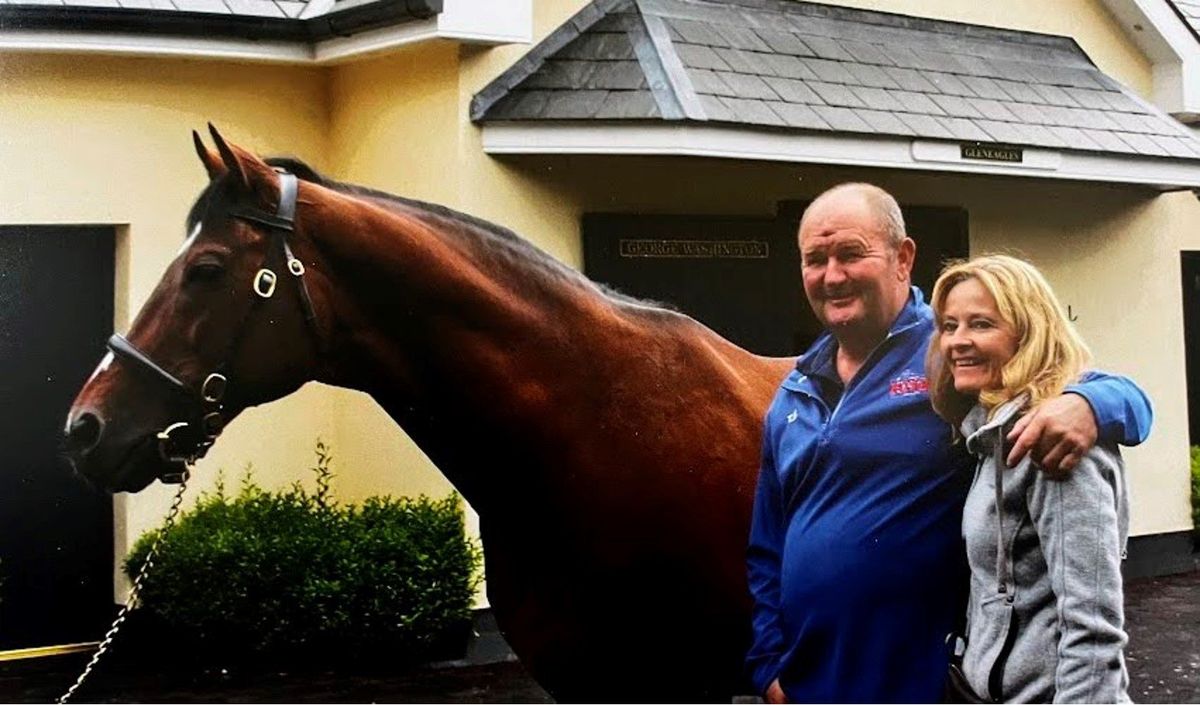 Tim and Jan McCanna with racing star and sire Galileo on their 2019 visit to Ireland.  (Courtesy of the McCanna family)
