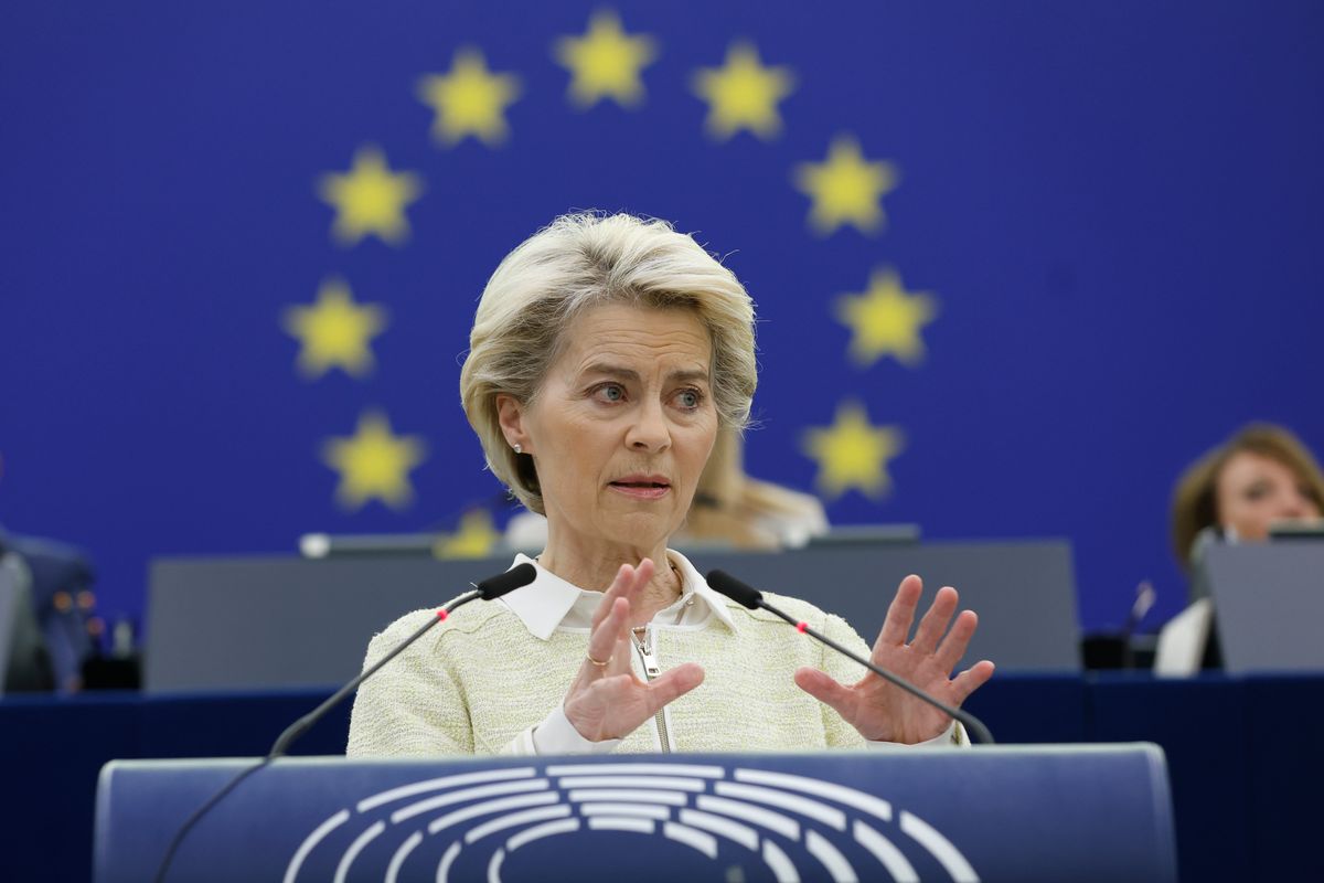 European Commission President Ursula von der Leyen delivers her speech during a debate on the social and economic consequences for the EU of the Russian war in Ukraine on Wednesday at the European Parliament in Strasbourg, eastern France.  (Jean-Francois Badias)