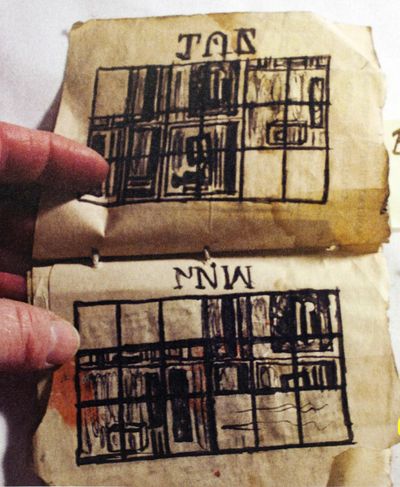 This undated photo shows some of the drawings found by Jeannie Schmidt in 2010 behind a bedroom wall in a house in Boise where famed Idaho folk artist James Castle used to live. A judge ruled the art belongs to Castle’s heirs, not Schmidt. (Associated Press)