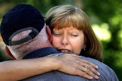 
Karen Giesy, of Whitefish, Mont., hugs James Seals, of Polson, Mont., at the Providence Center for Faith and Healing on Monday. Seals donated a kidney to Giesy. 
 (Brian Plonka / The Spokesman-Review)