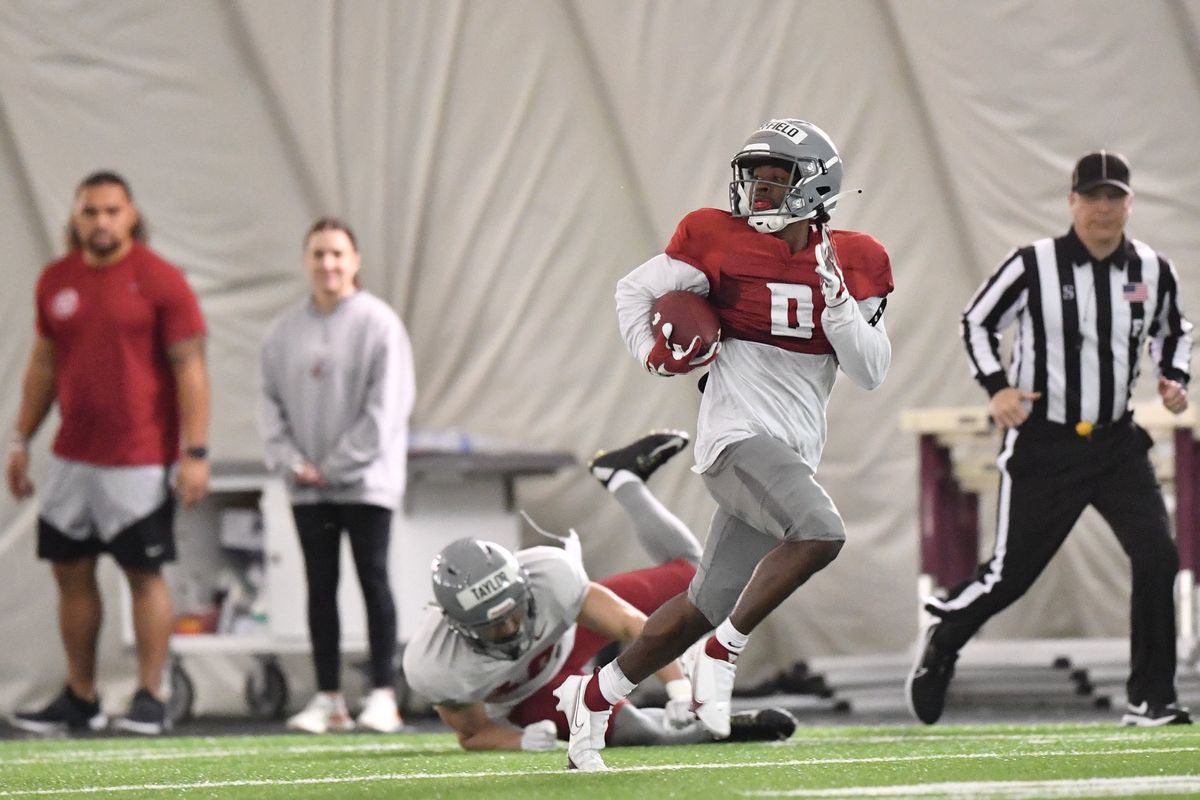 DT Sheffield runs toward a score after his long reception during Washington State’s scrimmage Saturday in Pullman.  (Tyler Tjomsland/The Spokesman-Review)