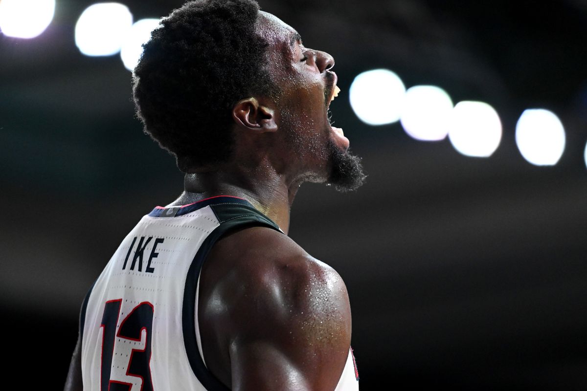 Gonzaga forward Graham Ike reacts after drawing a foul from Davidson during the second half Friday in Paradise Island, Bahamas.  (Tyler Tjomsland / The Spokesman-Review)