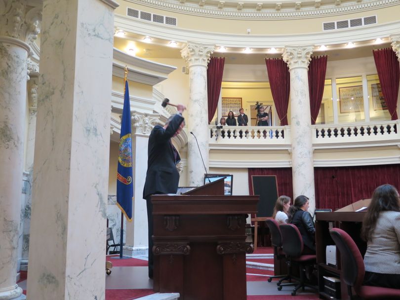 Idaho Lt. Gov. Brad Little, president of the Senate, bangs the gavel to end the 2017 legislative session on Wednesday, March 29, 2017, at noon. (Betsy Z. Russell)
