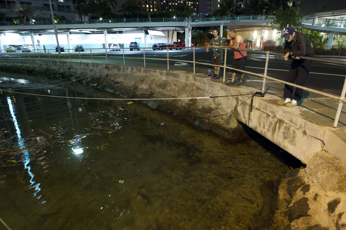 Visitors and Oahu residents watch the ocean water surge into the Ala Wai Harbor carrying various debris during a tsunami Saturday, Oct. 27, 2012, in Honolulu. The water dropped about a foot then came up a foot in about 30 seconds.  The first waves of a tsunami hitting Hawaii on Saturday night hit shore smaller than expected roughly three hours after officials ordered evacuations of all coastal areas threatened after a powerful earthquake off the coast of Canada.  Gerard Fryer, a geologist tracking the tsunami for the Pacific Tsunami Warning Center, said the largest wave in the first 45 minutes of the tsunami was measured at 5 feet in Maui.  State and local officials warned residents and tourists not to go back to inundation zones until an all-clear is given. (Eugene Tanner / Fr168001 Ap)
