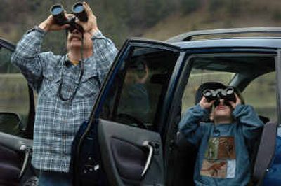 
Mike Orr, left, of Athol, and his grandson Brennan Crum watch an eagle from their parking place at the Mineral Ridge boat ramp on Wolf Lodge Bay on Lake Coeur d'Alene Saturday. 
 (Jesse Tinsley / The Spokesman-Review)
