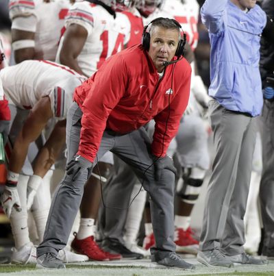 In this Oct. 20, 2018, photo, Ohio State head coach Urban Meyer watches from he sideline during the first half of an NCAA college football game against Purdue, in West Lafayette, Ind. Retiring Ohio State coach Urban Meyer isn't easing out of the job just yet, not as long as there's one more game to win. (Michael Conroy / Associated Press)