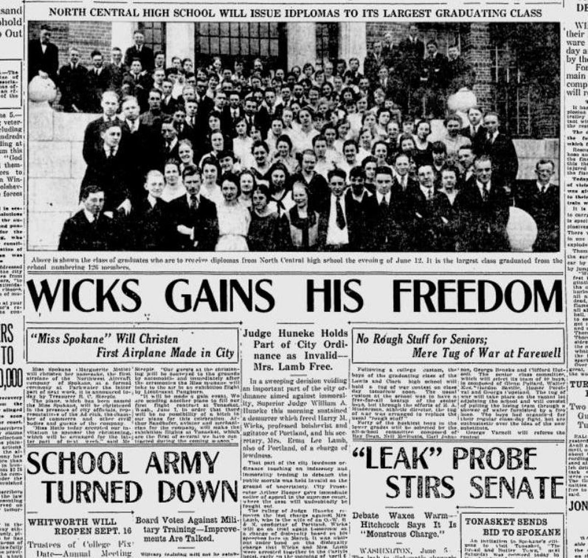 A Superior Court judge dismissed the “lewdness” conviction against “professed bolshevist” Harry M. Wicks and his secretary, Mrs. Erma Lee Lamb, the Spokane Daily Chronicle reported on June 5, 1919. The newspaper also ran a picture of North Central High School’s class of 1919. (Spokesman-Review archives)