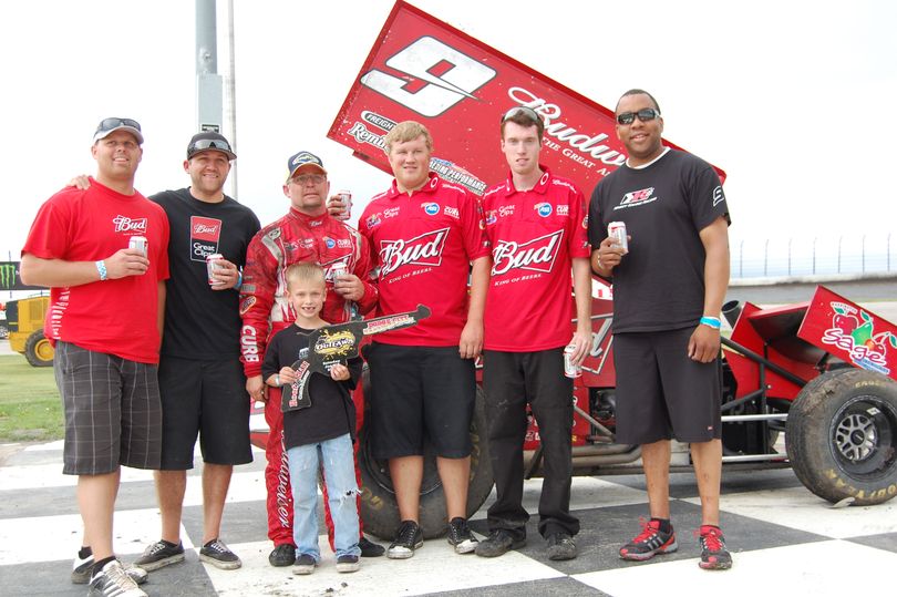 Joey Saldana in Victory Lane on Sunday afternoon at Dodge City Raceway Park (Photo courtesy of Jerry Gossel).