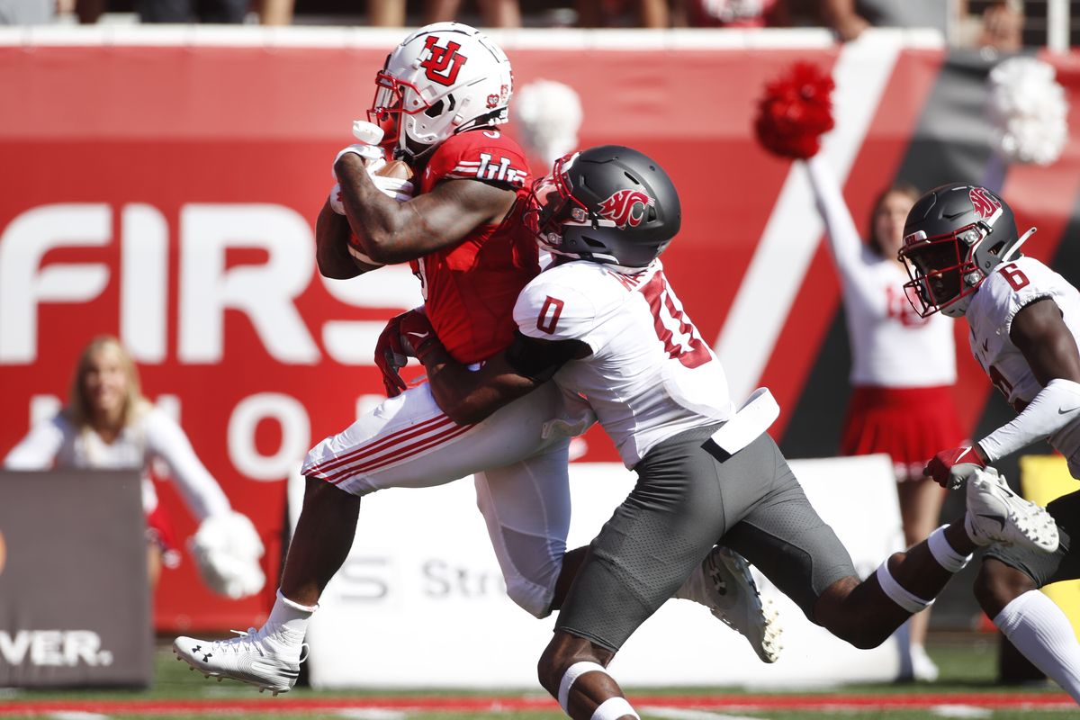 Utah running back T.J. Pledger runs for a 20-yard touchdown in the fourth quarter as Washington State defensive back Jaylen Watson tries to tackle him Saturday during Pac-12 play in Salt Lake City. The Utes took the lead for good on the play.  (George Frey)