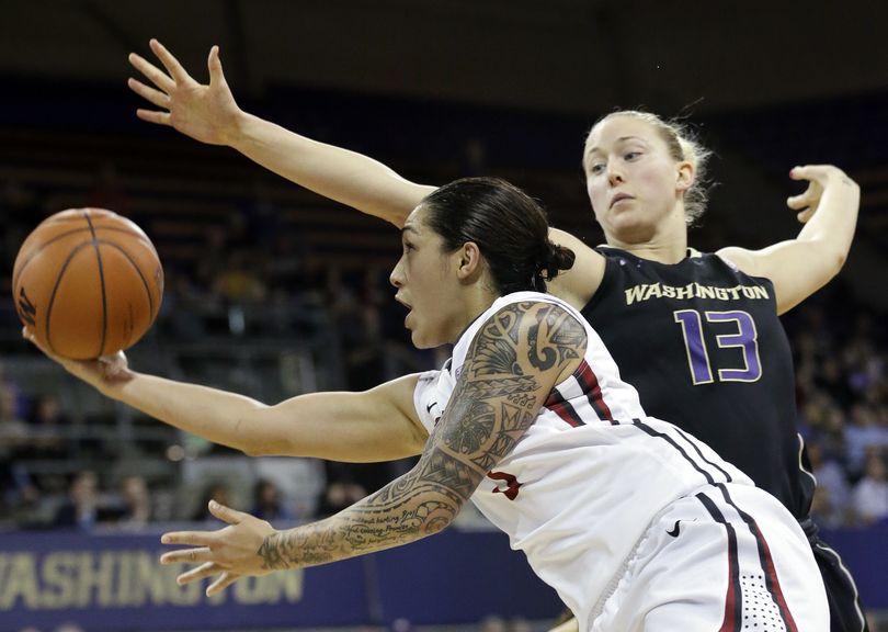 WSU’s Lia Galdeira, left, led Pac-12 with 19.4 scoring average. (Associated Press)