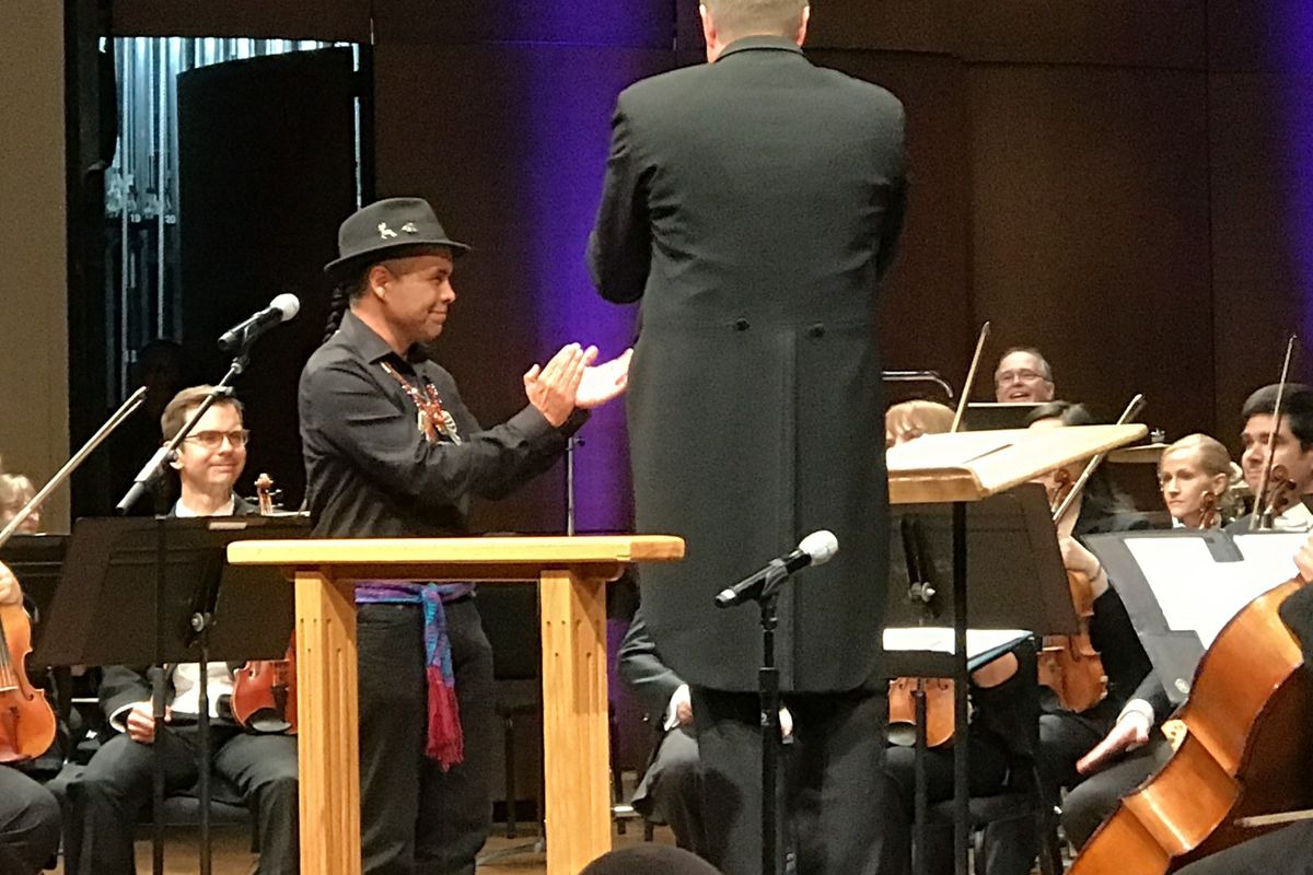 Sulustu, a member of the Spokane Tribe and singer who also goes by Chaconne on č̓ ʔanwí," a traditional Salish hymn arranged by William Harvey on Sunday, Sept. 17, 2023. (Jonathan Brunt/The Spokesman-Review)