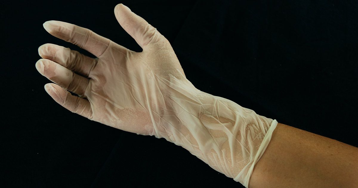 Nitrile glove samples at The Blue Star NBR factory. Virginia, June 2026  (Jesse Barber/Bloomberg)