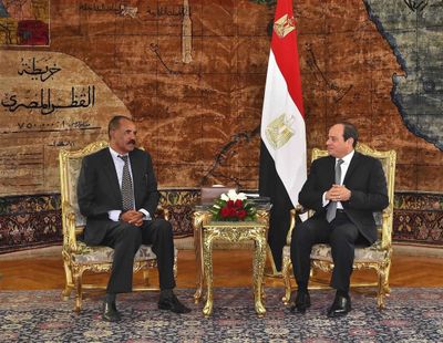 In this photo provided by Egypt's state news agency, MENA, Eritrean President Isaias Afwerki, left, meets with Egyptian President Abdel-Fattah el-Sissi at the presidential palace, in Cairo, Egypt, Tuesday, Jan. 9, 2018. (Associated Press)