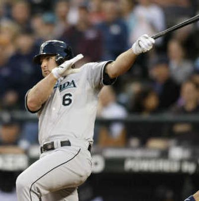 
Florida's Dan Uggla smacks an RBI single against the Seattle Mariners during the seventh inning on Monday at Safeco Field. Associated Press
 (Associated Press / The Spokesman-Review)