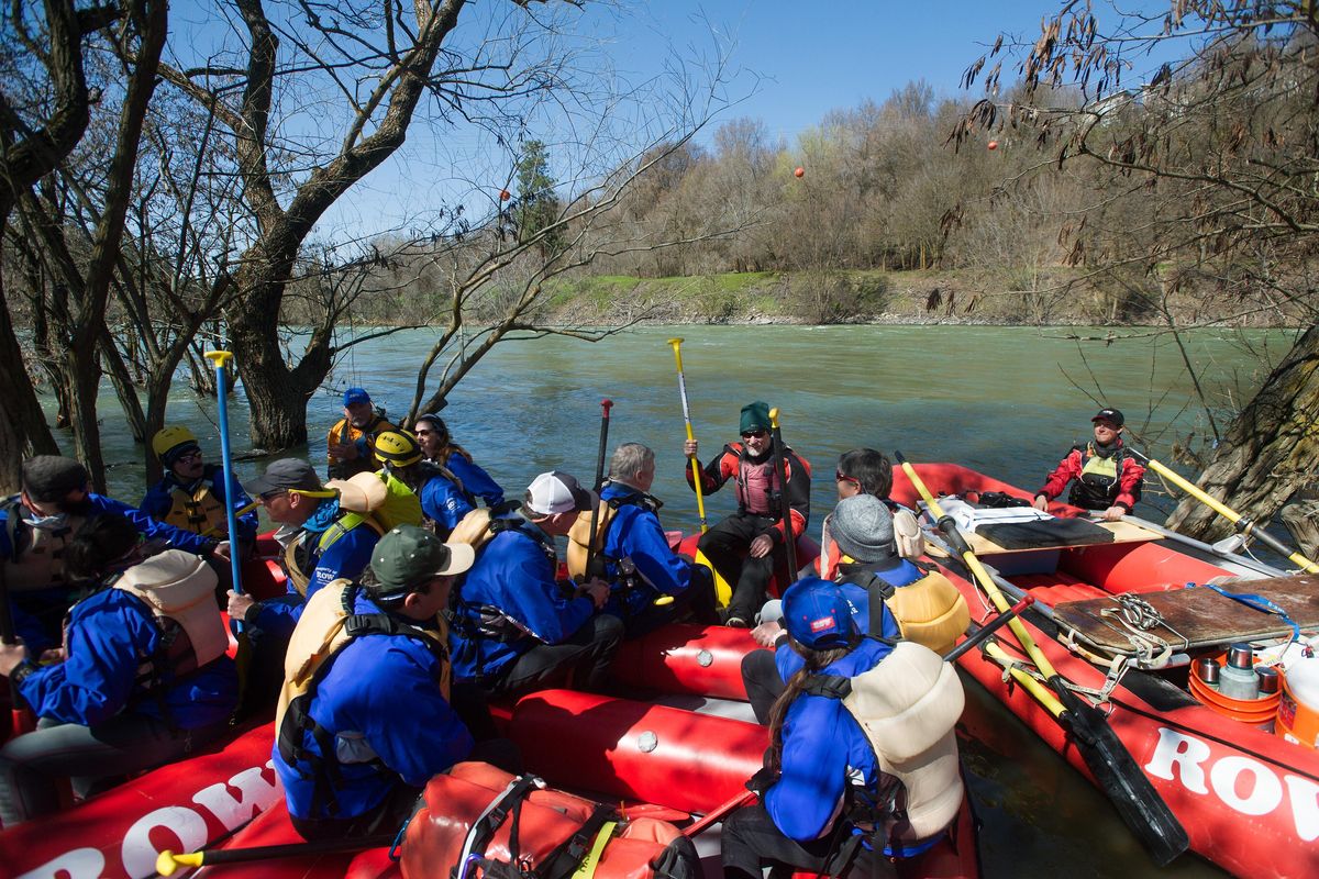 Peter Grubb President of ROW Adventures leads a rafting trip from a launch point in Peaceful Valley on Tuesday, April 11, 2017, in Spokane, Wash. The city’s new South Gorge Trail plan will create a loop with the Centennial Trail.  A boat launch for rafts and kayaks in Glover Field will be dedicated in April 2019. (Tyler Tjomsland / The Spokesman-Review)
