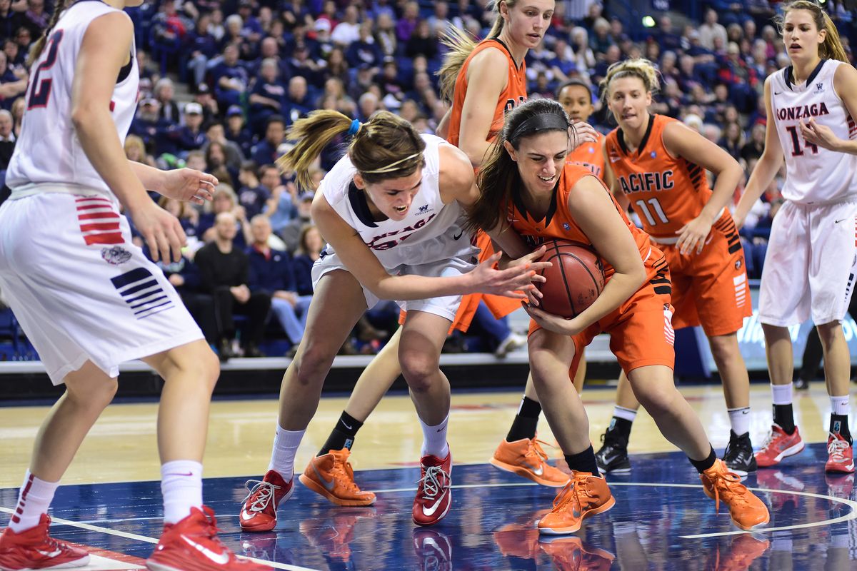 GU’s Elle Tinkle fights for a loose ball with Pacific’s Claire Conricode. (Tyler Tjomsland)