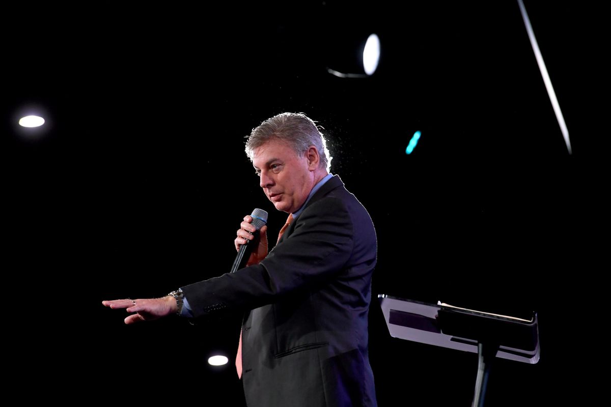 Lance Wallnau, speaking at a church in Beltsville, Md., in 2018, has vilified Kamala Harris. MUST CREDIT: Katherine Frey/The Washington Post  (Katherine Frey/The Washington Post)